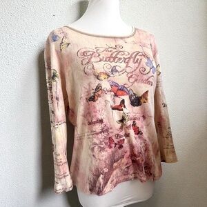 Vintage Butterfly Garden Graphic Top | Long Sleeve Cottagecore Boho Shirt M